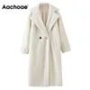 Aachoe Winter Casual Solid Teddy Płaszcz Kobiety Z Długim Rękawem Polar Długa Kurtka Wyłącz Kołnierz Lamb Fur Coat Outdrewear Fourrure 210817