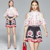 Runway Designer Summer Women Off Shoulder Ruffles Pink Flower Print Shirt Top + Wide Leg Shorts Female Two Piece Set 210416