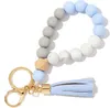 Wooden Tassel Bead String Bracelet Keychain Food Grade Silicone Beads Bracelets Women Girl Key Ring Wrist Strap 9 Colors dd257