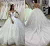 Dubai Saudiarabisk bollklänning Bröllopsklänningar Backer Back Illusion Långärmar Spets Appliqued Bridal Gowns Puffy Tulle kjol Court Train Vestidos de Novia Al9089