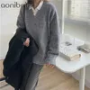 Höst Vinter Kvinnor Tröja Stickad 2 Krage Oversize Vild Varm Kvinnor Koreanska Stil Pullovers Toppar Outwear 210604