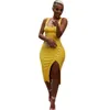 Сексуальные женские без рукавов женщины MIDI платье мода летнее сплошное цветное тощее растягивание Bodycon платья карандаша клубная одежда плюс размер