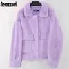 Nerazzurri Spring Purple Blue Short Light Soft Faux Fur Coat Women Long Sleeve Pockets Fall Korean Fashion Furry Jacket 210925