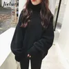 Jielur Koreanischer Stil Übergroße Hoodies Weibliche Winter Falsche Zwei Stücke Rollkragen Damen Sweatshirt Lose Dicke Fleece Pullover 210930