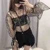 femmes sexy imprimé fleuri transparent organza blouse chic chemises femme nœud noué manches casual chemise blusas tops LS4063 210420