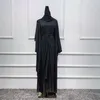 Ropa étnica Conjunto de 4 piezas Hijab a juego Mujeres Musulmanas Linene Árabe Modesto Traje Liso Kimono Abierto Abaya Maxi Vestido Wrap Falda delantera Larga