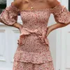 floral print dress 2 pieces skirt sets summer beach off shoulder ruffle suits women pink bodycon 210427