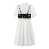 夏のヴィンテージ2個セット緩い白いシャツのドレス+印刷された短いベスト女性のヴェスティドスーツエレガントなボタンフェムスローブの学生210421