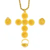 Fine Solid yellow 18k Gold GF Jewelry Sets Women's Necklace earrings ring large-scale Cross Pendant Wedding Bride Habesha