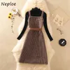 Neploe Autumn Winter New Suit Slim Fit Simple Sweaters + Chic Plaid Pattern Camis Dress with Belt Frensh 2 Piece Set 210423