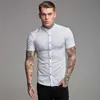 Przylotów lato mężczyzna krótki rękaw koszulka solidna fitness mężczyzna stojak kołnierz super slim fit business dress shirt button siłownia topy 210708