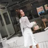 Automne femmes 2 pièces tenues mode blanc à manches longues en mousseline de soie Blouse + taille haute Floral paillettes broderie Midi jupe costume 210518