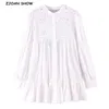 Kvinnor Vit Lång Ben Ärm Hål Uthål Blomma Broderad Skjorta Casual O Neck Knappar Draped Ruched Loose Blouse Toppar 210429