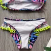 4-12 Anos Menina Swimsuit Kids Pom Ruffle Bikini Set Um Ombro S Banhing Terno Duas peças Swimwear infantil 2021