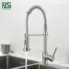 FLG Spring Style Kök Kran Borstat Nickel Sink Kranar Dra ut Torneira Allt runt Swivel 2-Function Water Outlet Mixer Tap 210724