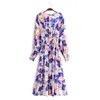 beauty Fashion Boho Vintage Print Midi Dress Women Holiday Elastico in vita manica lunga estate abiti da donna 210514