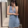 Женщины мода V шеи рукавов Твид шерстяные Playsuits Office Lady Back Zipper Slim Siamese Chic Shorts Rompers P1010 210420