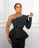 Black Satin Evening jumpsuit Dresses Long Sleeves Beaded Sheer Neck peplum Formal Slim Fit Occasion prom Dress Arabic Aso Ebi