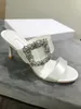 High quality women's thin heel buckle drill slippers designer shoes fashion pointed real silk leather back travel 7cm with crystal buckle bottom middle white 34-40