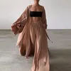 Sexy Women Three Piece Sets Fashion Casual Wrap Solid Tops And Wide Leg Pants Suits Elegant Soft Female 3 Piece Outfits