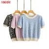 Tangada Korea Chic Kobiety Kwiaty Wzór Letni sweter Z Krótkim Rękawem Panie School Style Dzianiny Jumper Topy AI77 210609