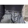 Autumn Winter Elastic waist Pants flower bud Black PU Leather Women's Shorts High Waist Wide Leg 670i 210420