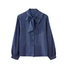 Mavi Latern Uzun Kollu Tek Göğüslü Blusas Yay V Yaka Lady Gömlek Sonbahar Stil Top Şifon Bluz OL 10693 210508