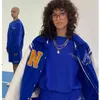Bomber Baseballjack Dames Street chic Amerikaans voetbal Pu-leer Uitloper Dames London Neutrals Blauw Varsity-jassen 211223