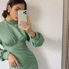 Bodycon с длинным рукавом MIDI платье женщин элегантные водолазки зеленые обертки на молнии платье зима сексуальные повседневные вечеринки платья Vestido 210521