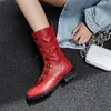 Sheepskin Mid Calf Boots Women Natural Genuine Leather Thick Heel Fashion Round Toe Shoes Lady Autumn Red Size 39 210517