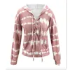 Casual Pink Tie Dye Print Long Sleeve Women Hoodies Autumn Winter Hollow Out Cross Bandage Pullover Female Hooded Sweatshirt 210522