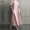 Bawełniana lniana V-Neck Maxi Sukienka Kobiety Lato Vintage Plus Rozmiar M-5XL Długa sukienka Casual Krótki Rękaw Kieszenie Vestidos 10139 210518