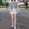 Japanese Kawaii Shirt Women Off Shoulder Long Sleeve Blouse Ladies Korean Chic Solid Slim Shirts Ruffle Cute Blusas 210519