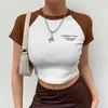 茶色の手紙刺繍Y2Kクロップトップ女性夏原宿OネックTシャツの半袖コットンティーメス210415