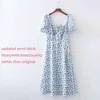 Floral Print Summer Dress Dames Boho Slit Maxi Lange Jurk Vintage Beach Jurk Puff Sleeve A-Line Blue Sundress 210415