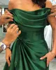 Hunter Green Red Carpet Evening Dresses 2022 Off Shoulder Slit Dubai Arabic Aso Ebi Pleated Stain Prom Dress vestidos de noche