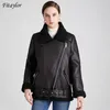 Fitaylor Women Winter Lambs Wool Parkas Fur Collar Zipper Jacket Warm Thick Outerwear Faux Lamb Leather Jacket Moto Leather Coat 211011