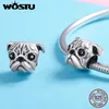 Wostu 925スターリングシルバーかわいいパグ犬ペット動物のチャームフィットオリジナルのDIYビーズブレスレットジュエリー作りギフトCQC834