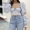 Vrouwen Elegante Puff Sleeve Floral Print Blouse Casual Lace Up Tie Front Tops en Blouses Zomer Square Collar Slim Shirt Crop Top 210619