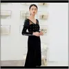 Casual Dresses Womens Clothing Apparel Drop Delivery 2021 Yigelila Women Vintage Veet Elegant Vneck Mermaid Dress Empire Slim Black 66014 Mqx