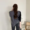 Chic Korean Autumn High Collar Side Buttons Fake Two-piece Shirt Ing Striped Bubble Sleeve Sweater Blue Women 210506