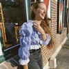 Ruffle Vintage Plaid Blouse Shirt Women French Style Print Boho Spring Autumn Crop Tops Puff Sleeve Casual Blue 210427