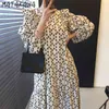 Matakawa Print Ruffle Stitching Vestido Korea Chic Höst Round Neck Femme Robe Loose Casual Lång Klänning Kvinnor 210513