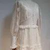 VGH White Patchwork Lace Dress For Women V Neck Long Sleeve High Waist Casual Midi Dresses Female Korean Spring Fashion Clothing 210421