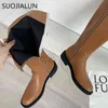 Suojialun varumärke kvinnor spänne riddare stövlar damer hög kvalitet mjuk pus läder lång runda tå glid på knä-hög sho 211217