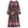 INSPIRED schwarzes florales Zigeuner-Bohemien-Stil Langarm-Frühlings-Herbst-neues Rayon-Kleid für Frauen 210412