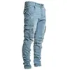 Men Solid Skinny Pockets Denim Cargo Combat Pants Jeans Slim Fit Trouser Bottoms Fashion Mens Casual Outwear Jeans 210622