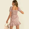 Summer Style Short-Sleeved Square Neck Floral Print Slim Fishtail Dress Women Fashion Sexy Pullover Mini Femme 210517