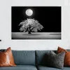 ブラックホワイトツリーの夜の風景ムーンキャンバス絵画プリントとポスター壁の写真のためのリビングルームの家の装飾