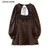 Vintage France Style Polka Dot Print Hollow Out Femmes Robe Noir Manches longues Laçage Col Slim Mini Robes 210429